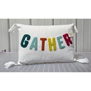 GATHER White & Textured Script 10" x 14" Thanksgiving Fall Small Accent Pillow
